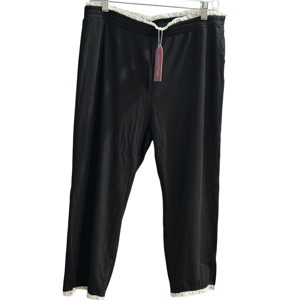 Sweetyweee Black Cropped Lounge Yoga Pants White Lace Trim Stretch NWT Size XL